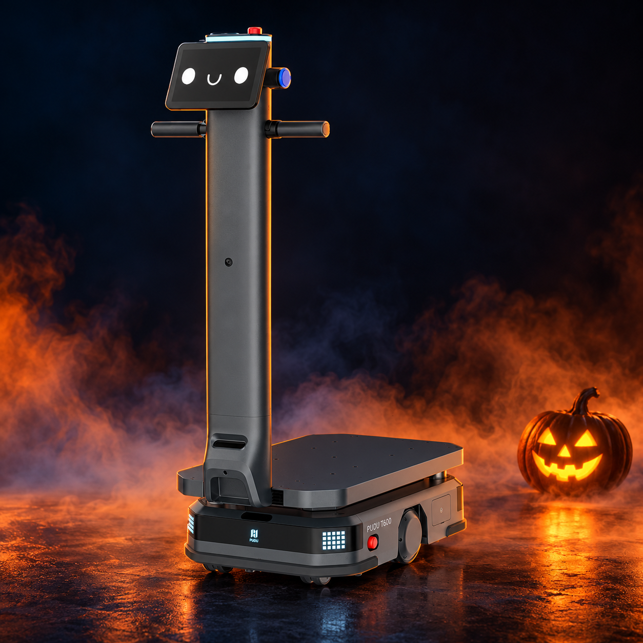 PUDU T600 Heavy-Payload Industrial Delivery Robot with decorative Halloween styling. Costume not included.